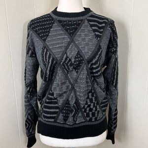 Vintage Urban Works Sweater 90s Grandpa Leather Trim Patch Geometric Knit Sz M